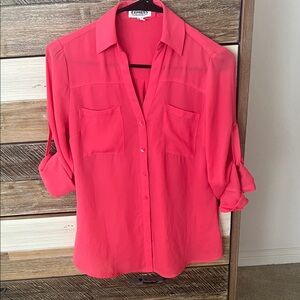 Express Coral-Pink Button-Down Shirt with Roll-Tab Sleeves